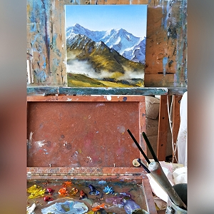 studio oil painting of mountain and  hill